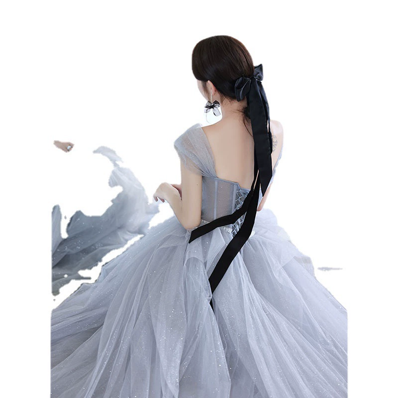 Evening Dress Elite Trend, women's gray off-shoulder ball gown, layered skirt, sizes XS–XXXL