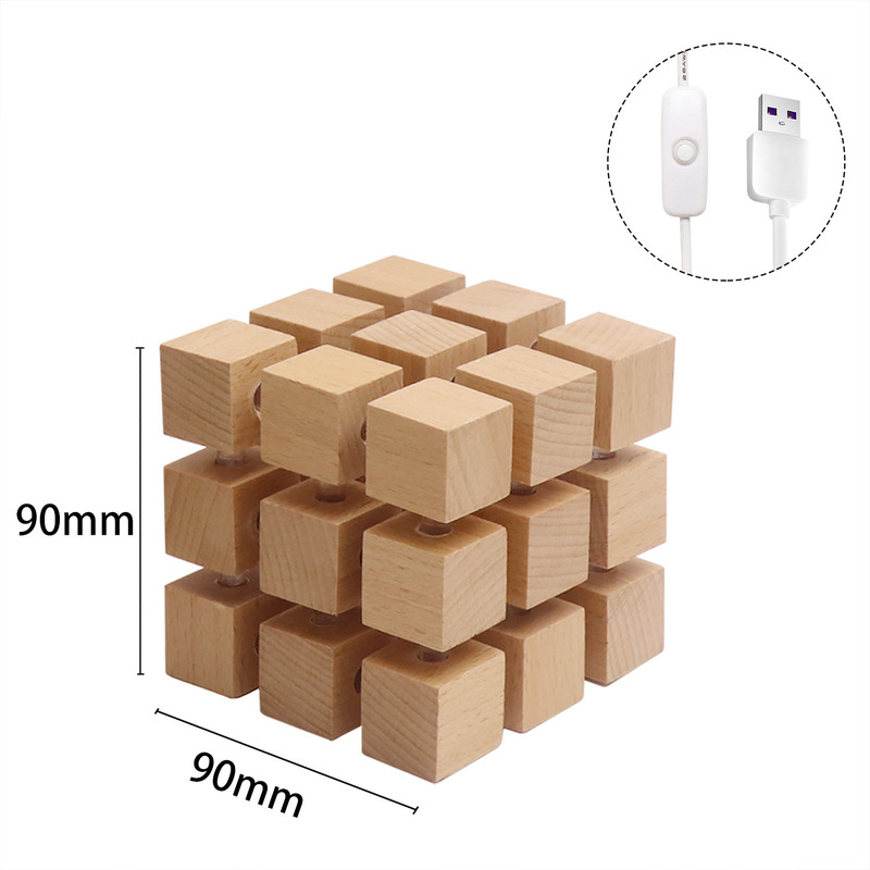 正方形木製 9 次数ルービックキューブラバーウッド無垢材デスクトップ装飾装飾品 USB ボタンスイッチ暖かい光の雰囲気|undefined
