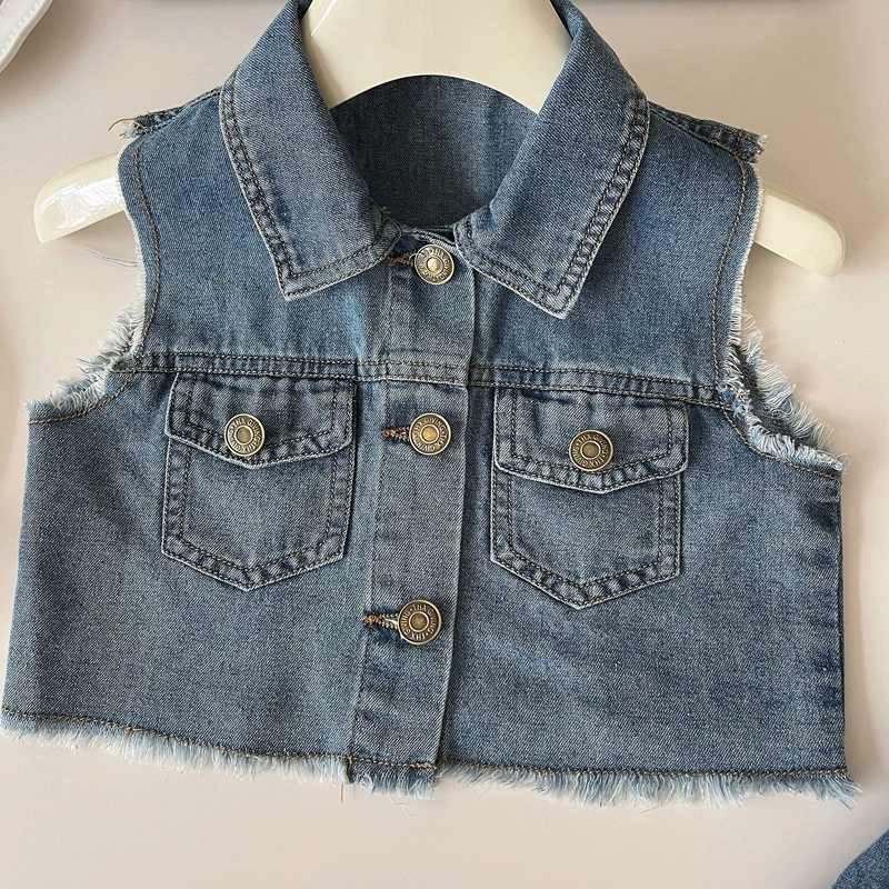 ЛетнийDenim набор, детский жилет без рукавов, плисская юбка, корейский стиль