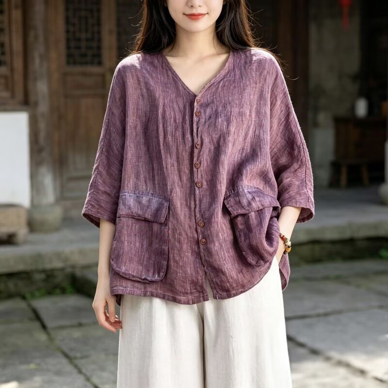 Linen Casual Fashion Sports Women's Three-Quarter Sleeve Top with Elastic Waist, Slimming V-Neck Shirt, Versatile Loose Fit