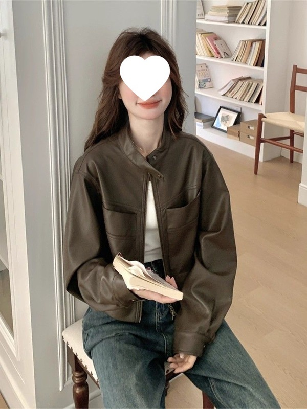 皮韩版衣美拉德多巴胺显瘦外套春秋新款夹克复古百搭女款PU皮夹克|undefined