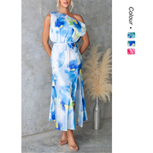 现货25欧美外贸跨境女装亚马逊夏款下摆开叉无袖印花连衣裙23079