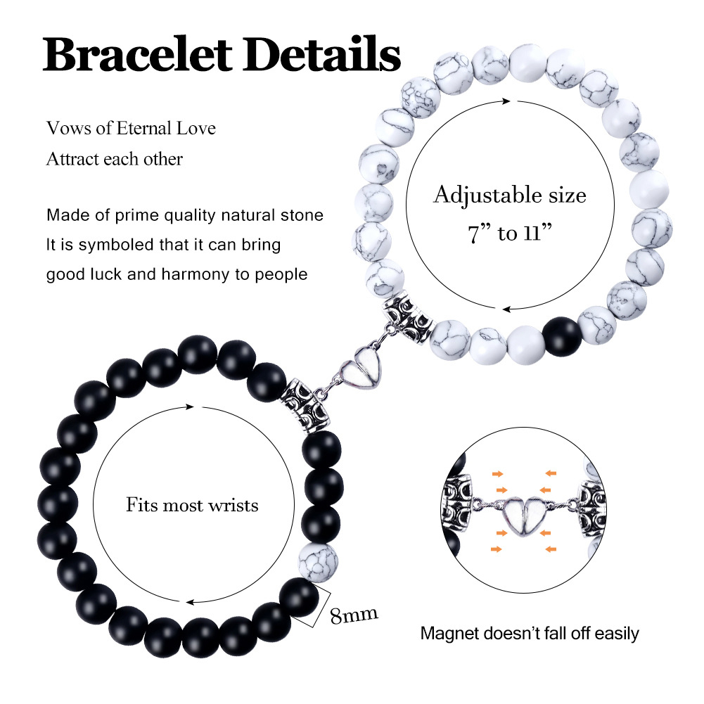 19g Weight Bracelets Classification 2 Pieces Quantity Holiday, Daily Occasion Natural Stone Alloy Magnet Material Heart Shape Pattern Unisex Gender Beaded, Knitting Design Simple Style, Classic Style Style Simple Style Classic Style Heart Shape Natural Stone Alloy Magnet Bracelets In Bulk 7