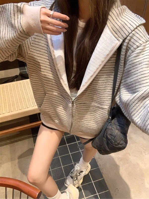 美式复古撞色条纹连帽卫衣女秋季慵懒风宽松休闲百搭长袖开衫外套|undefined