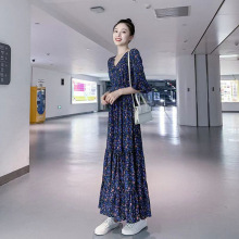 跨境2025夏季新款韩版碎花连衣裙女梗桔森系收腰超仙雪纺V领长裙