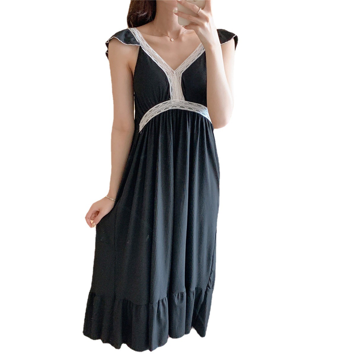 El comercio exterior 2023 camisón de verano pijamas delgados de las mujeres sexy sling Net punto rojo de longitud media con el pecho pad ropa para el hogar