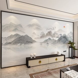 New Chinese TV background wall wallpaper painting Mountain ink painting wallpaper living room bedroom atmospheric wall cloth film and television Wall Wall cloth