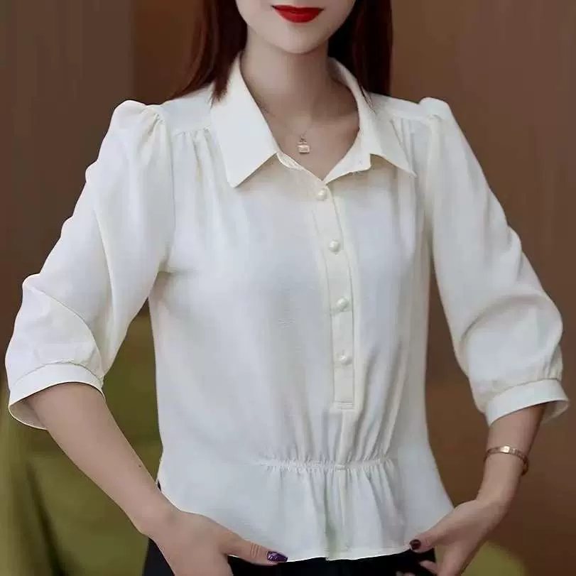 2025春秋季新款时尚百搭中袖衬衫女高级感设计感小衫显瘦衬衣女