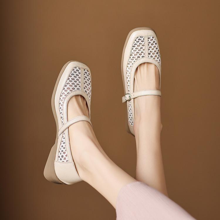 Giày ballet nữ da thật lỗ rỗng phong cách DeTrain phối lưới mùa xuân hè — màu đen, màu trắng ngà chi tiết 31