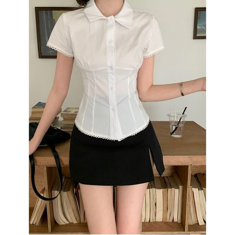 American-Style Short-Sleeved Shirt for Women, Summer Lace Splicing White Shirt Jacket, Slim-Fitting Design, Waist-Cinching Top American-Style Short-Sleeved Shirt for Women, Summer Lace Splicing White Shirt Jacket, Slim-Fitting Design, Waist-Cinching Top
