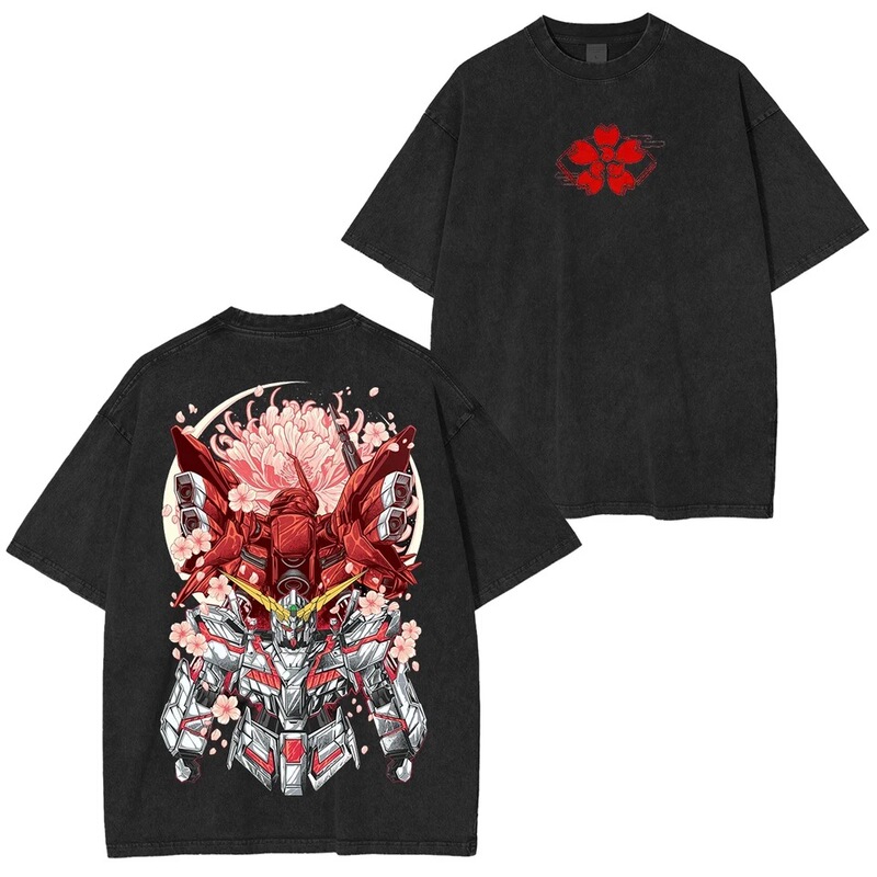 Gundam Unicorn T-Shirt Rx-0 Sakura Men's Retro Acid Washed Mecha Streetwear Oversized Vintage Japanese Anime