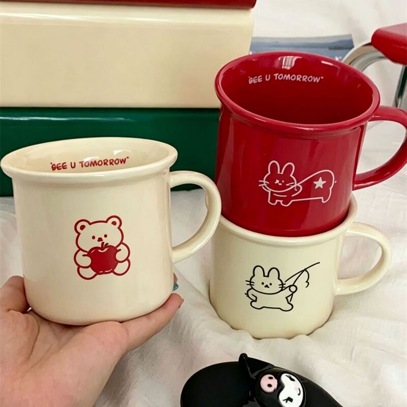 Cartoon cup, cute ceramic mug, couple's matching cup, coffee cup, bright red, New Year and Christmas gift