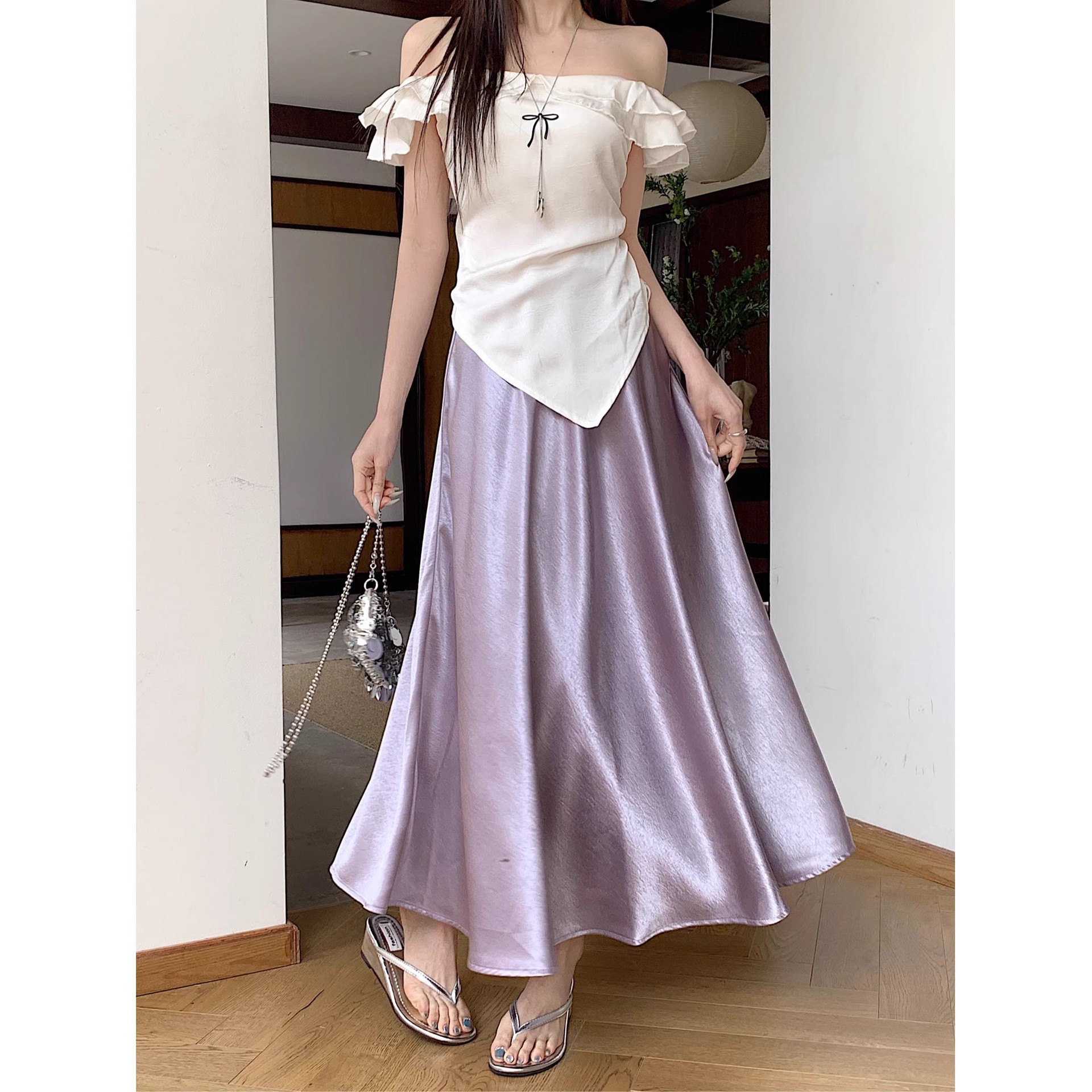 Acetate Satin Draped Pure Color Skirt for Women 2025 New Summer High Waist Covering the Crotch and Slimming Look Large Hem A-Line Skirt