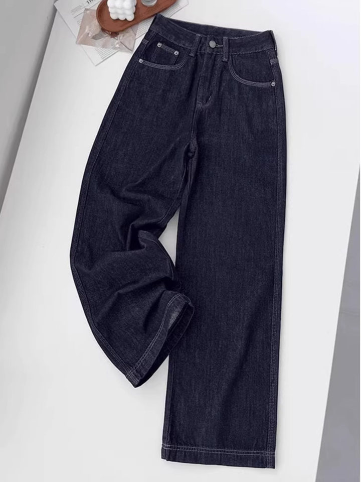 Quần jean nữ ống đứng cạp cao dáng suông ống rộng, chất denim dày, có bản lót lông cừu — Denim Blue-Small (dưới 158cm), Ningdan màu xanh kéo dài (trên 164cm), Quần denim màu xanh (dưới 163), Ning Dan Blue Extended (Lót lông cừu, cao 164cm+)