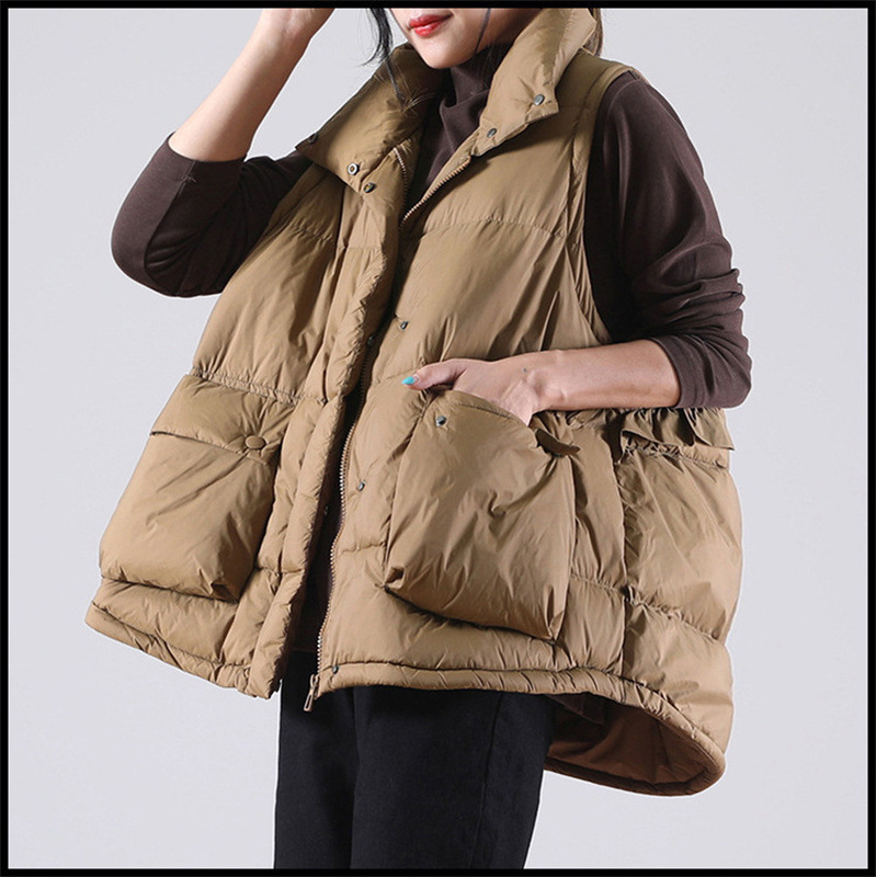 2024 New Korean Style Ruffled down Vest Women's Stand Collar Retro Literary White Duck down Loose Vest Waistcoat Trendy 2024 New Korean Style Ruffled down Vest Women's Stand Collar Retro Literary White Duck down Loose Vest Waistcoat Trendy