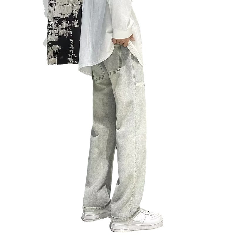 Jeans chicos 2024 primavera y otoño americano retro amarillo barro lavado desgastado holgado recto marca de moda pantalones anchos de calle alta