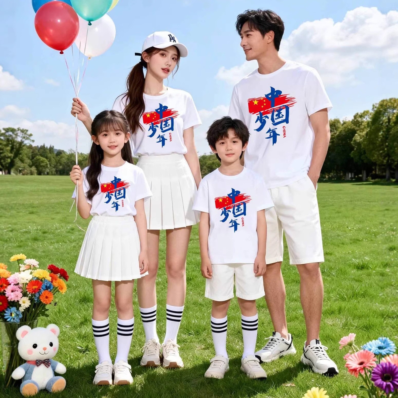 Chinese Youth National Day Celebration Performance Costume for Primary and Secondary School Students: Patriotic T-shirt, Pure Cotton Parent-Child Style Short-Sleeve T-shirt