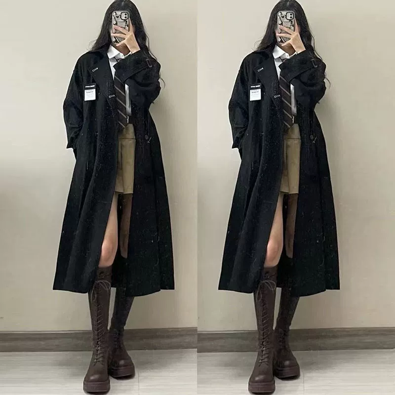 Осеннее длинное trench coat для студентов, до середины, корейский стиль, западный стиль
