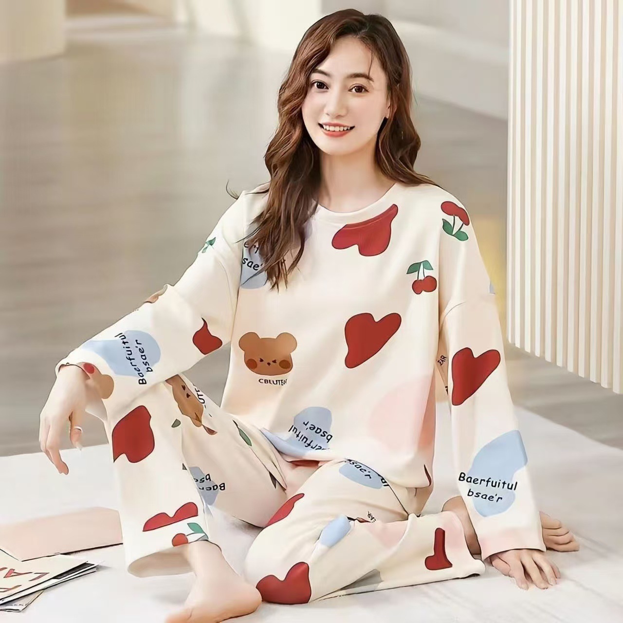 Pijama de manga larga de primavera y otoño simple coreano estilo de estilo avanzado joven suelto cuello redondo en casa otoño y invierno conjunto