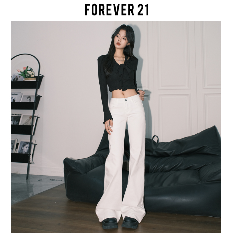 Forever 21 American-Style White Flared Jeans for Women, Autumn Low-Rise, Non-Skin-Tight, Bootcut, Floor-Length Pants