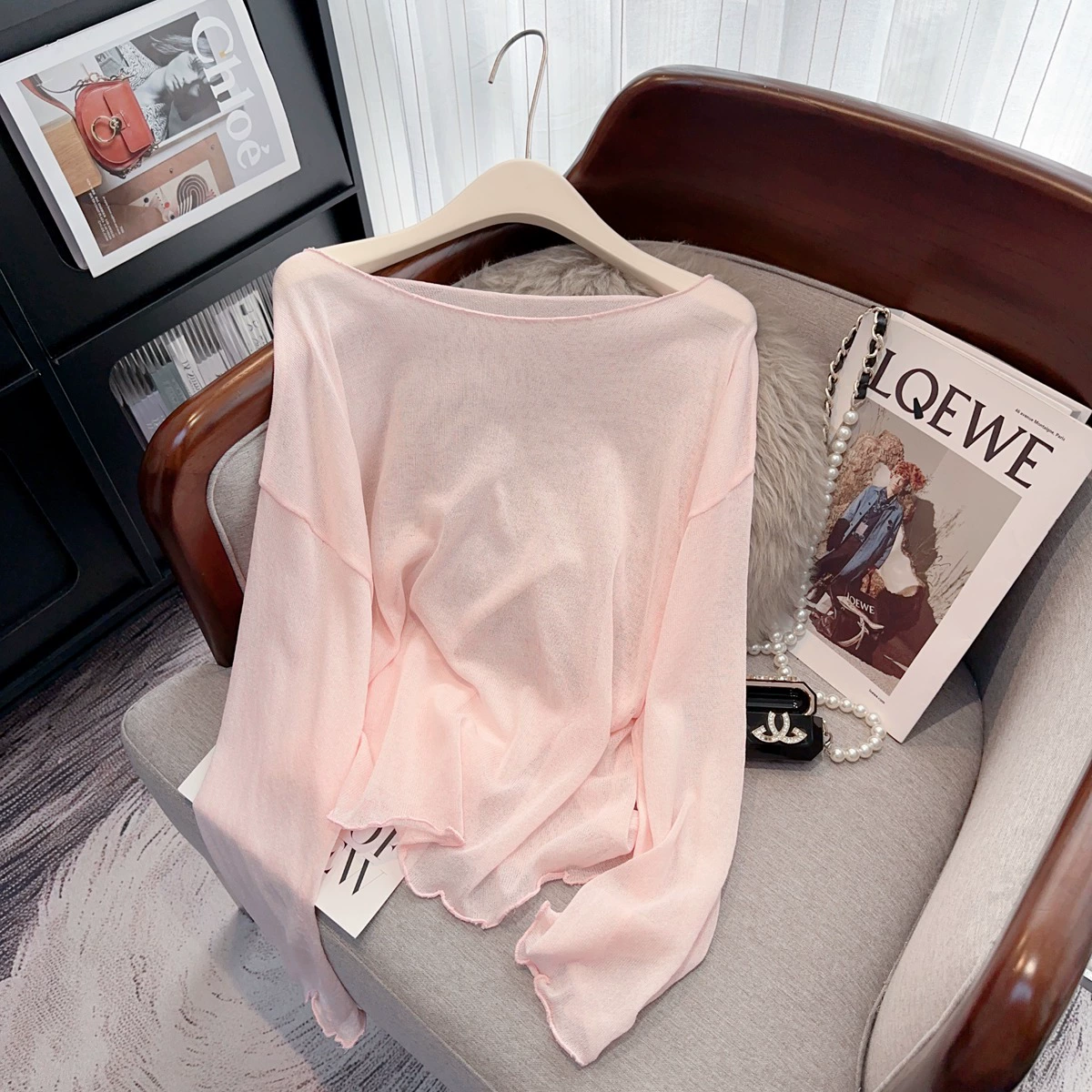 Розовая вязаная футболка с длинными рукавами Dopamine Lazy, женская летняя тонкая свободная солнцезащитная блузка, повседневный универсальный топ