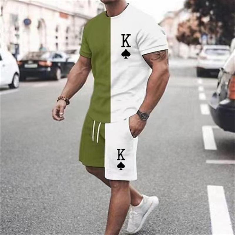 Comercio exterior europeo y americano verano nuevo estilo moda hombre simple impresión 3D a juego de color camiseta de manga corta traje de 2 piezas para hombre al por mayor