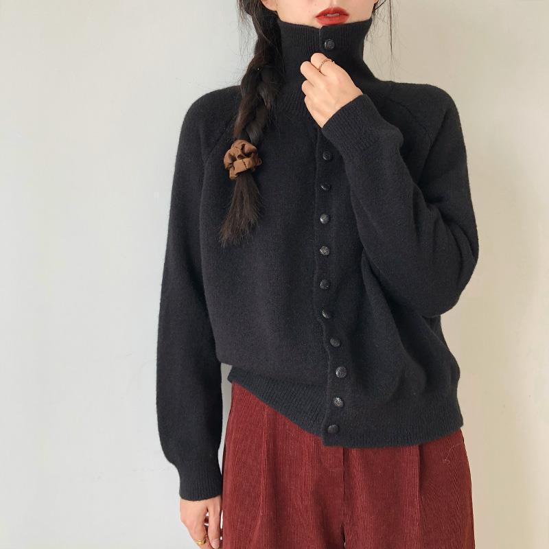 Yifantai 秋と冬の新しいタートルネックニットカーディガン女性のレトロ韓国スタイル怠惰なスタイルのハイエンドルーズセータージャケット|undefined