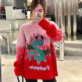 渐变色套头针织衫毛衣女2023年新款高级感圣诞重工刺绣慵懒风上衣