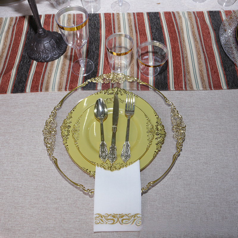 Disposable golden plastic tableware suit black bronzing relief plate 7.5 inch dessert plate 10.25 inch western dinner plate