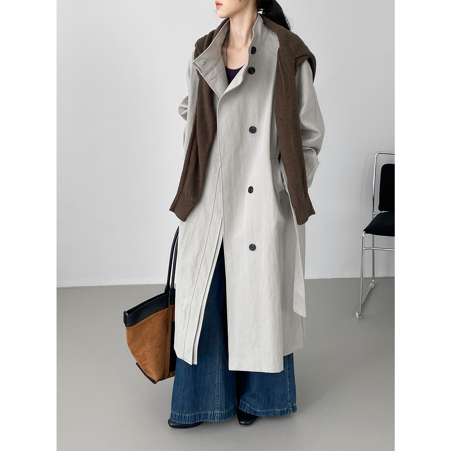 That's Korean High-End Big-Name Stand-Up Collar Windbreaker Jacket for Women, Loose Waistband, Mid-Length Coat 5056