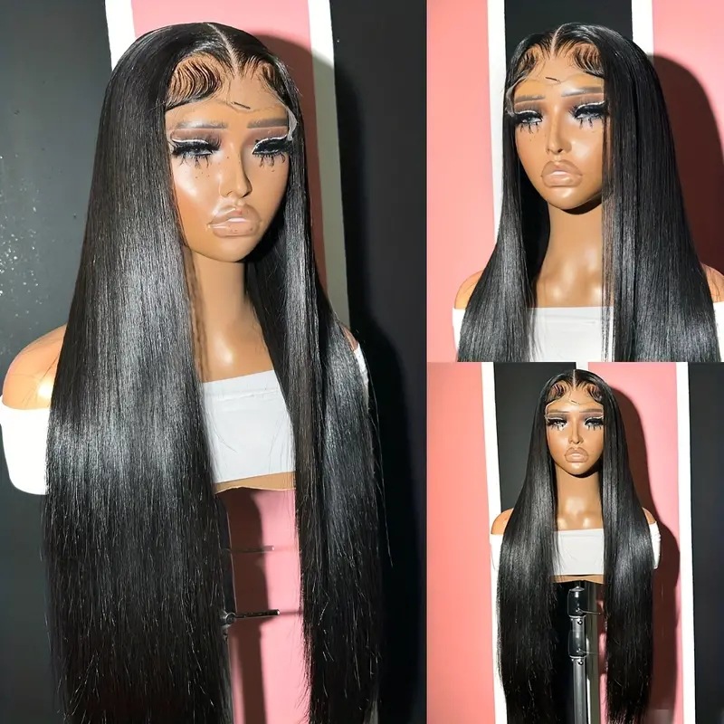 Perruque longue et lisse de style européen/américain, raie au milieu, cheveux synthétiques, texture ondulée, taille moyenne._voghion.com