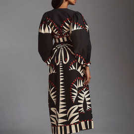 欧美亚马逊2025新款长裙复古印花长袖时尚V领灯笼袖欧美连衣裙女