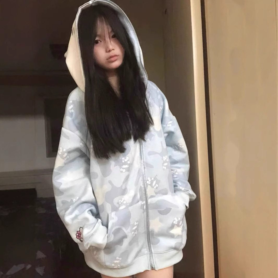 American-style Hello Kitty Full Print Hooded Sweatshirt Women's Autumn and Winter Loose Lazy oversize Casual Zipper Jacket with Strange Flavor