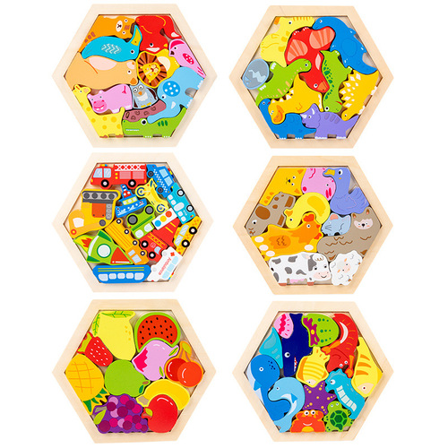Wholesale wooden enlightenment early education educational baby 3-6 years old animal transportation hexagonal three-dimensional children's puzzle toy