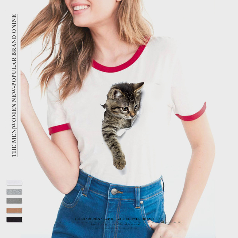 2023女式T恤 速卖通亚马逊热卖3d破损猫印花T恤女短袖 个性 恤