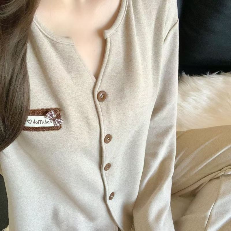 Lace Warm Silk Cashmere Pajamas for Women Autumn and Winter New Long-Sleeved Pants Two-Piece Suit Home Clothes Can Be Worn Outside