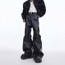 青少年复古做旧水洗分割设计感小众皮裤时髦百搭宽松直筒休闲裤男