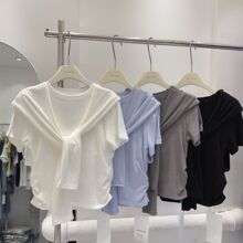 超手感莫代尔棉设计感小众披肩假两件T恤女短袖上衣纯色短款上衣
