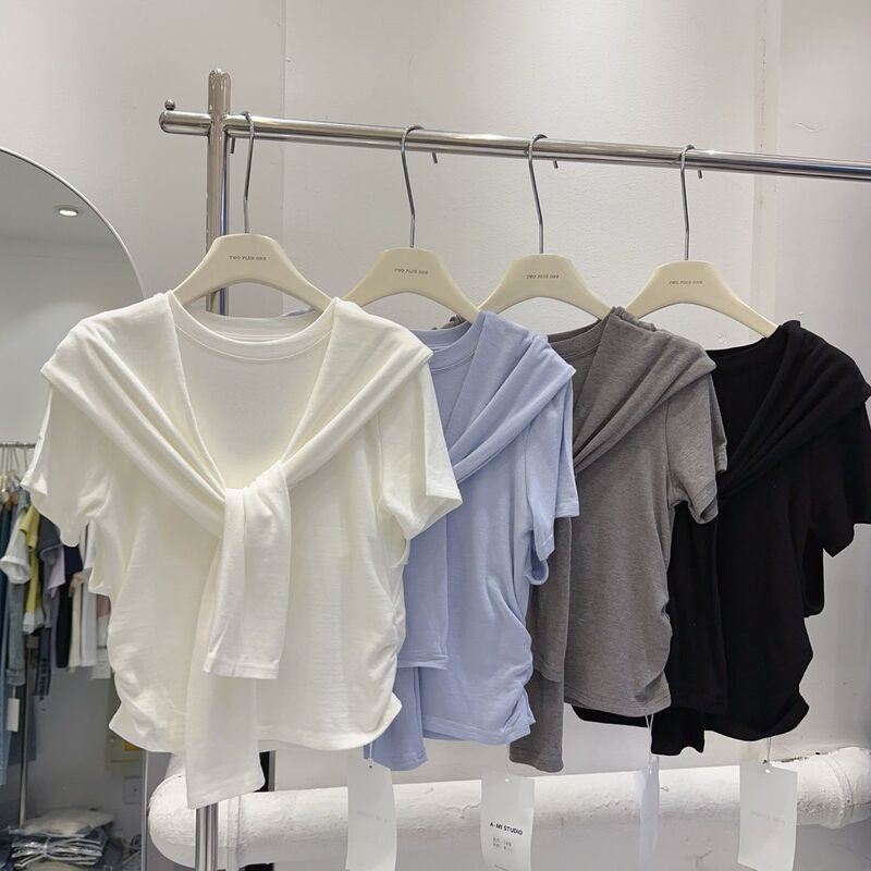 Super Hand-feel Model Cotton Design Sense Niche Shawl Fake Two-piece T-shirt Women's Short-sleeved Top Solid Color Short Top