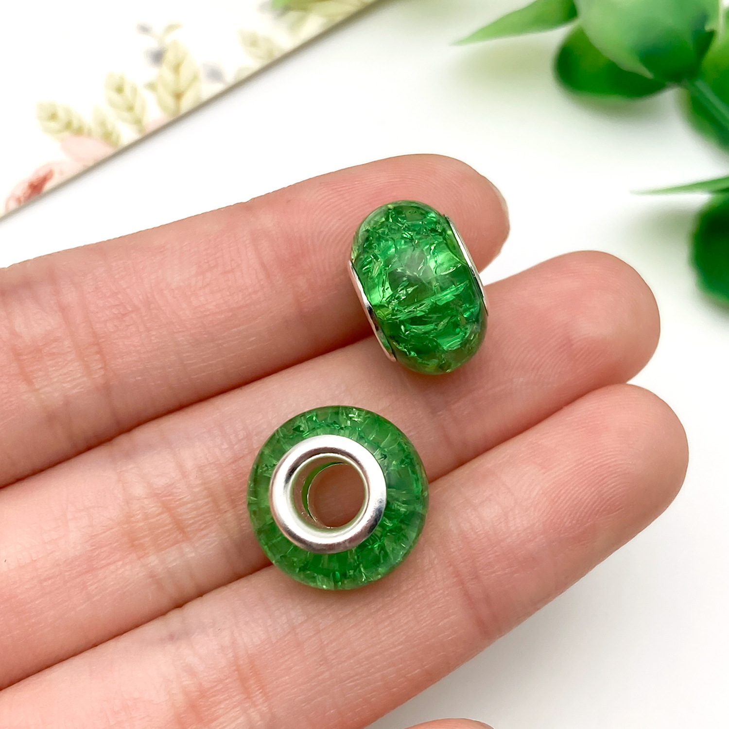 13133-D-绿色树脂圆形裂纹潘家大孔珠子13mm-1g-