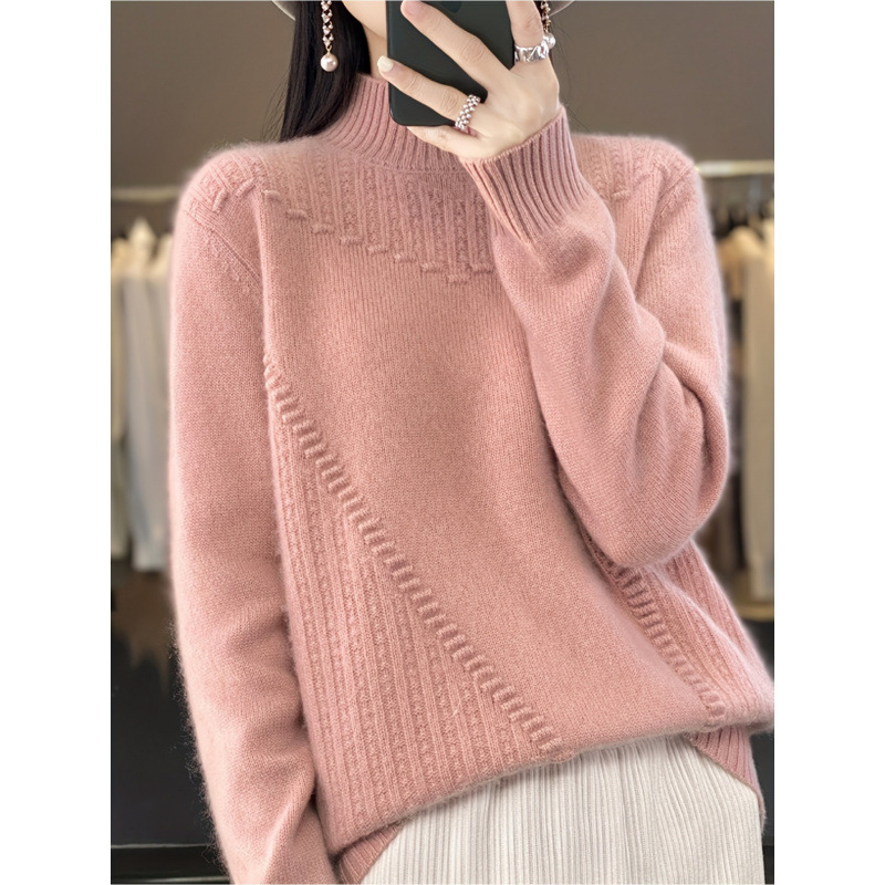 2025 New Cross-Border European and American Elegant Style Women's Soft Pink Cable Knit Long Sweater
