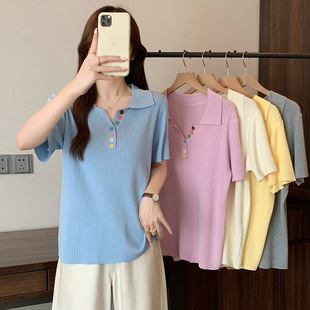 Real Shot of Plus Size Women's Clothing 2025 Summer New Style Loose Lapel Knitted Top Fat mm Belly-Covering Ice Silk Short-Sleeved T-Shirt