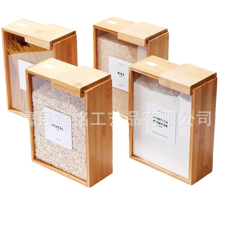 Caja de contenedores de almacenamiento de alimentos de madera doméstica caja de almacenamiento de granos de madera de bambú creativa simple dispensador de alimentos de madera sólida