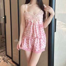 2026性感睡衣女冰丝吊带短裤套装蕾丝花边纯欲风带胸垫家居服清凉