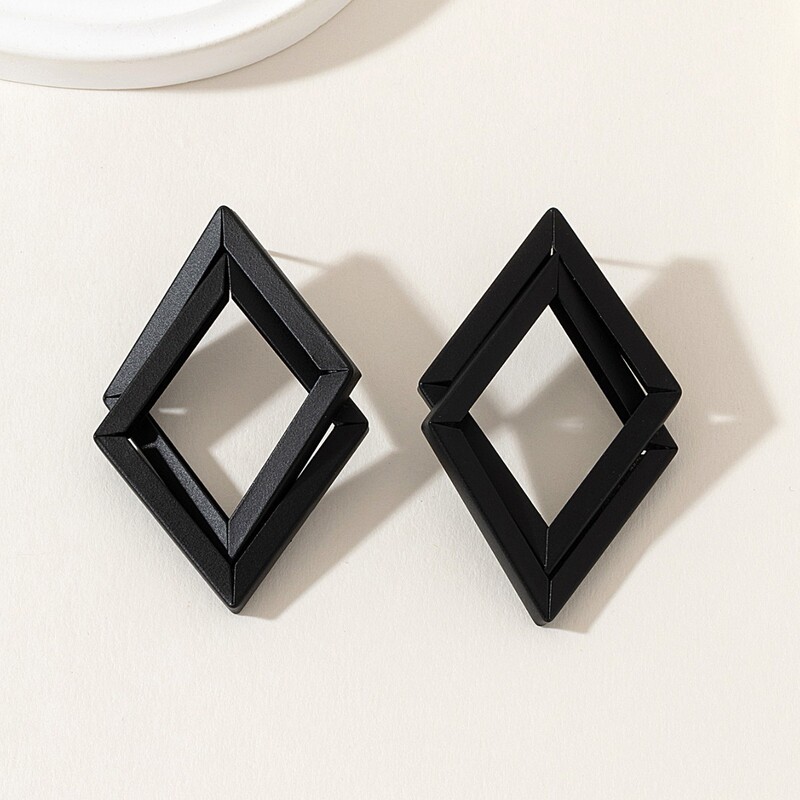 Metal Simple Rhombus Earrings Double-Layer Square Earrings Slimming and Elegant Black Exaggerated Versatile Earrings for Women