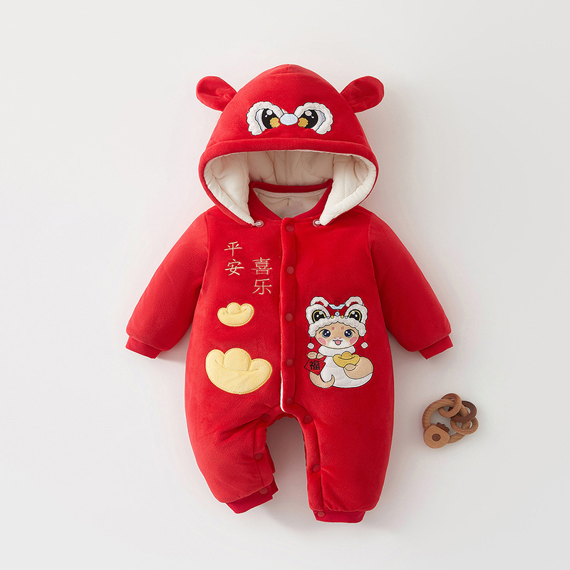 New Year's Newborn Baby Jumpsuit Winter Style Plus Velvet Thickened Baby Winter Clothes New Year's Eve Clothes Going Out and Crawling Clothes