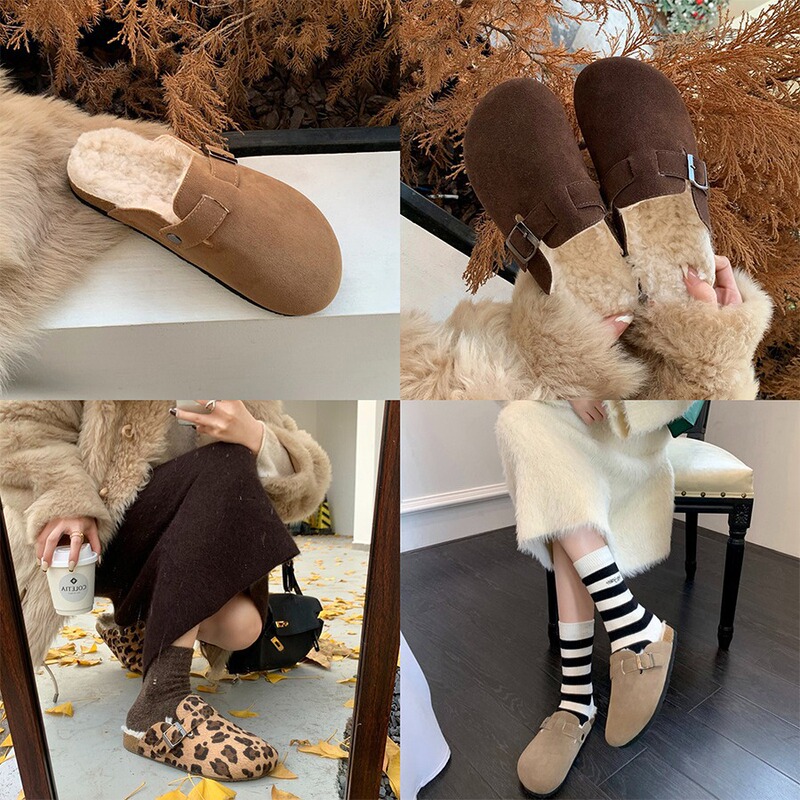 牛皮版~葡萄妈同款冬季加绒保暖厚底皮毛大头单鞋毛毛鞋女勃肯鞋|undefined