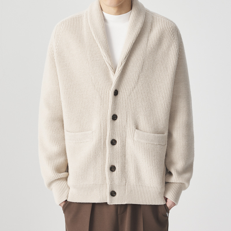 Áo khoác dệt kim len Merino nam tay raglan cổ lọ — Màu be