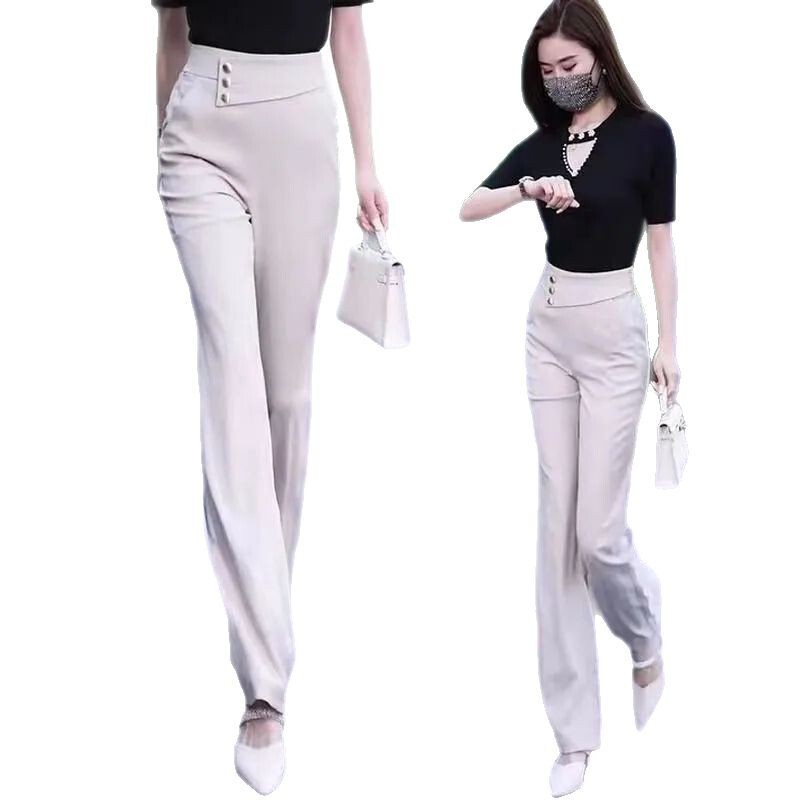 女性用ハイエンドブーツカットパンツ2025春の新しいスタイルシンプルなハイウエストドレープ多用途スリムカジュアルナローパンツ|undefined