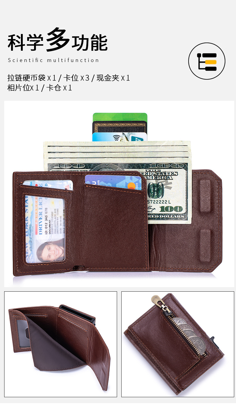 Ví nam gập mini da bò thật chống trộm RFID ba khúc — Đỏ nâu, Đen, Cà phê - Ngựa điên chi tiết 7
